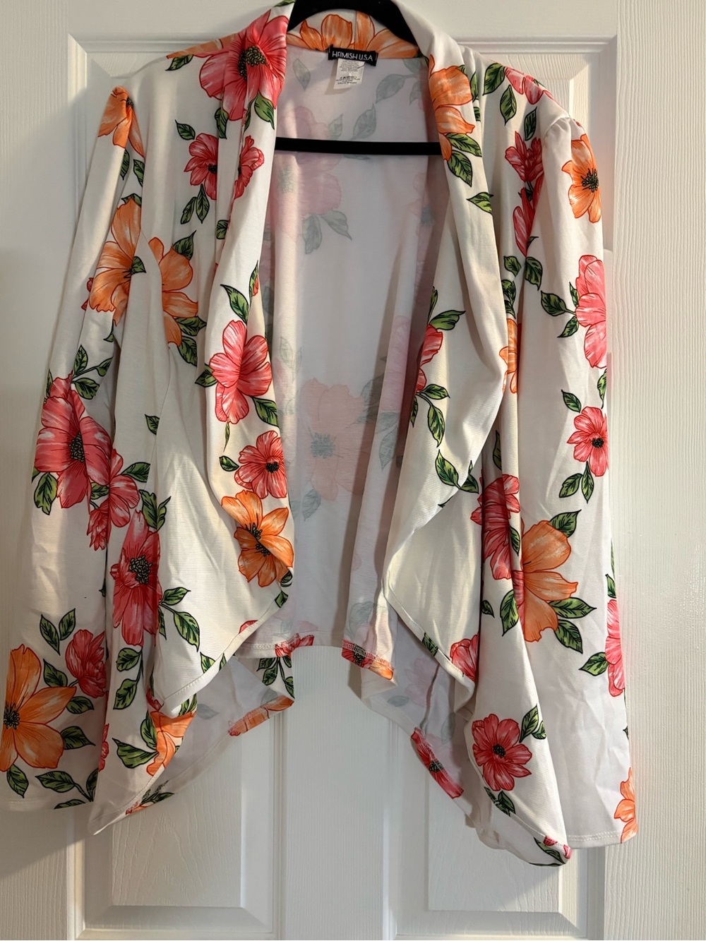Floral Open-Front Cardigan - White with Pink & Orange Blossoms